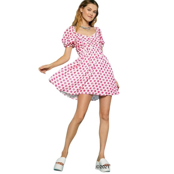 New SHEIN x Hello Kitty & Friends Puff Sleeve Ruched Bust Polka Dot Dress Large - Picture 1 of 9